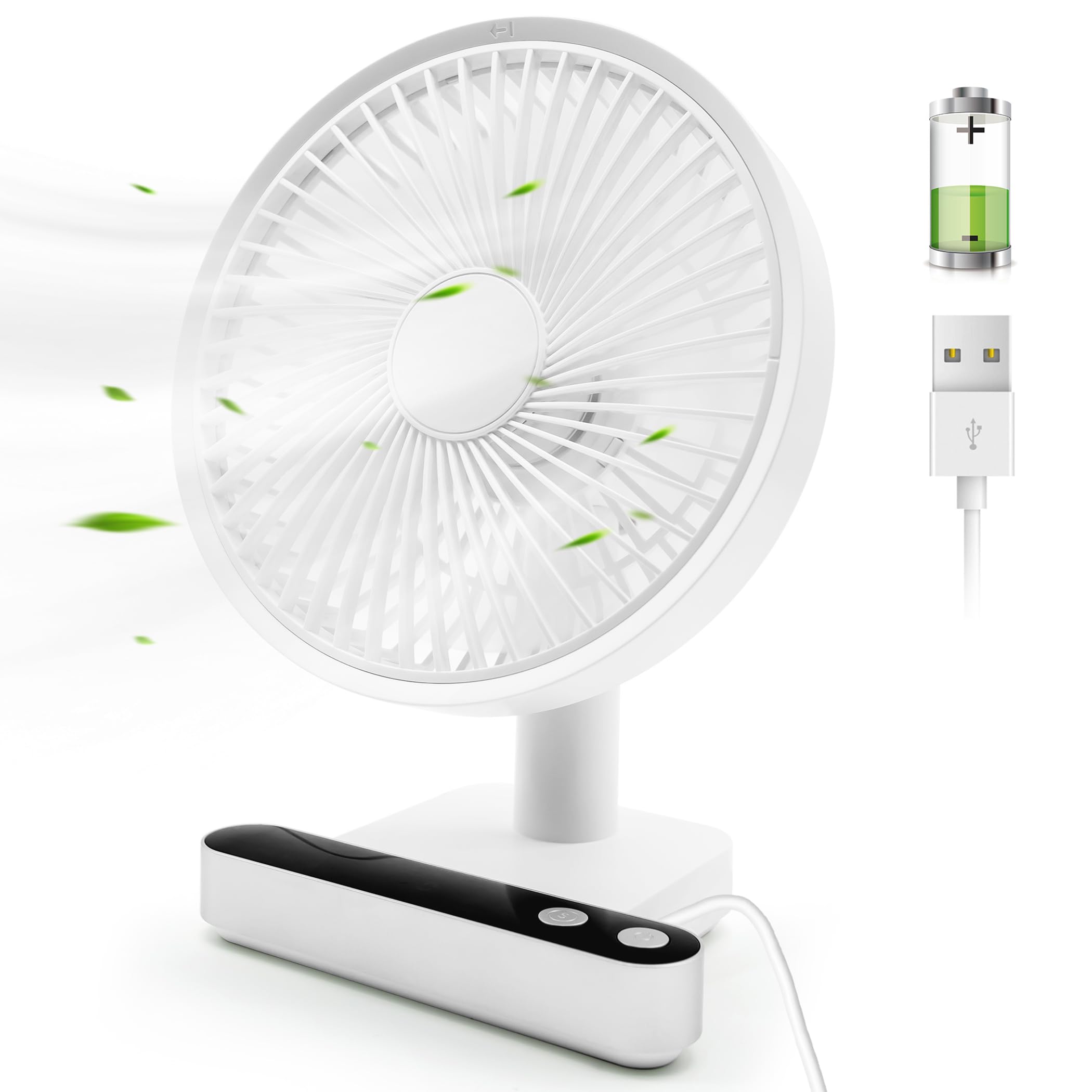 USB Desk Small Quiet Personal Table Fan,Rechargeable Battery Operated Portable Oscillation Fan with LED Display for Office Bedroom Camping (White)