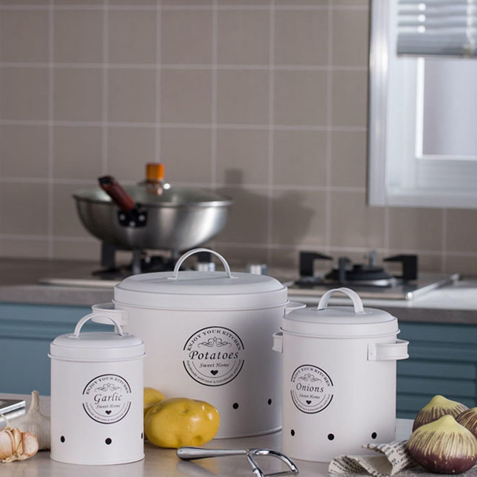 3-teiliges Küchenbehälter-Set aus Karbonstahl, versiegelte Vetable-Sto-Dosen für Kartoffeln und Knoblauch, Lebensmittelbehälter für Arbeitsplatte, Nizat
