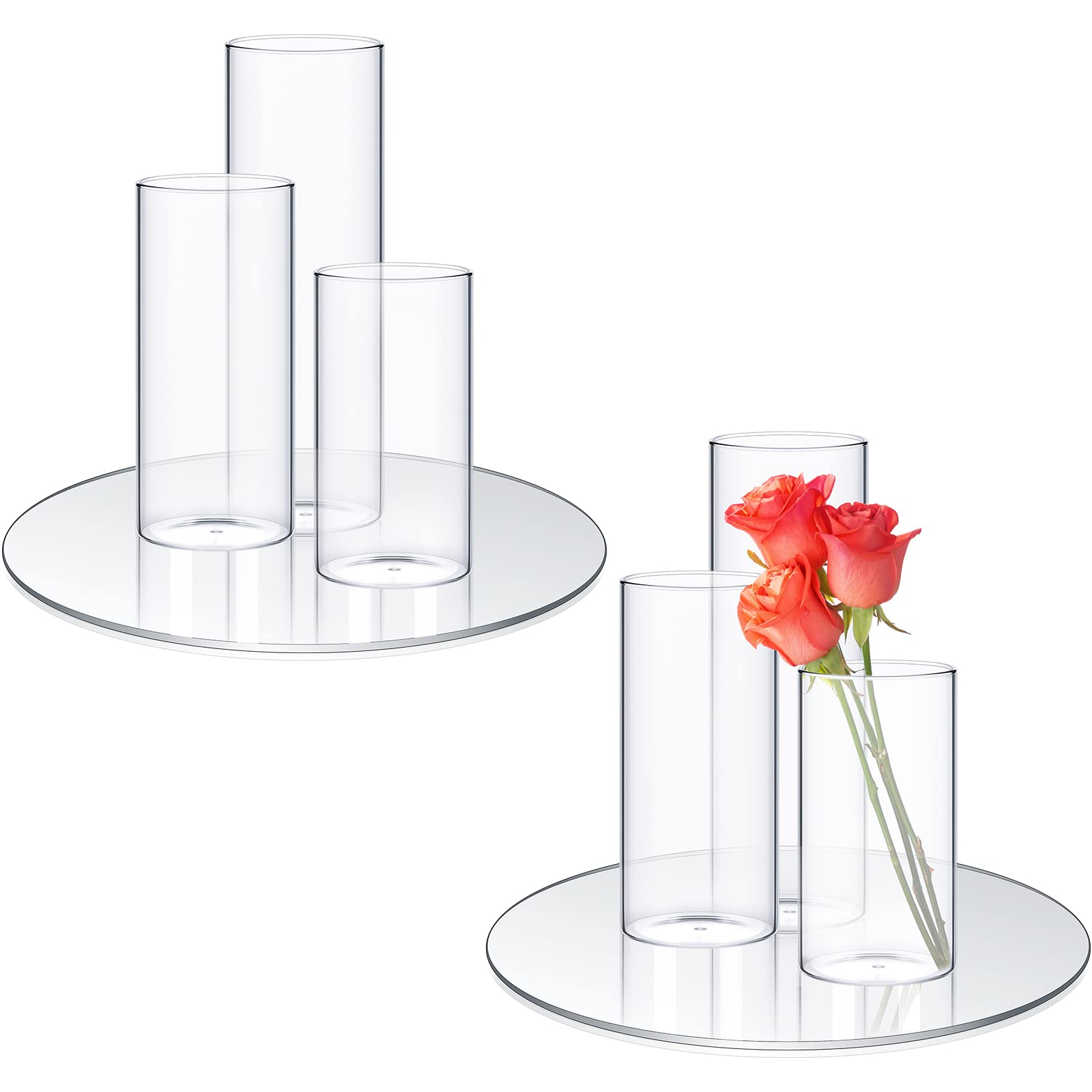 Photo 1 of 2 Pcs 10 inch Round Glass Mirror Trays and 6 Pcs Different Height Glass Cylinder Vases Wedding Table Flower Vase with Mirror Set Table Centerpiece Decoration for Wedding Decor Crafts Baby Shower Party