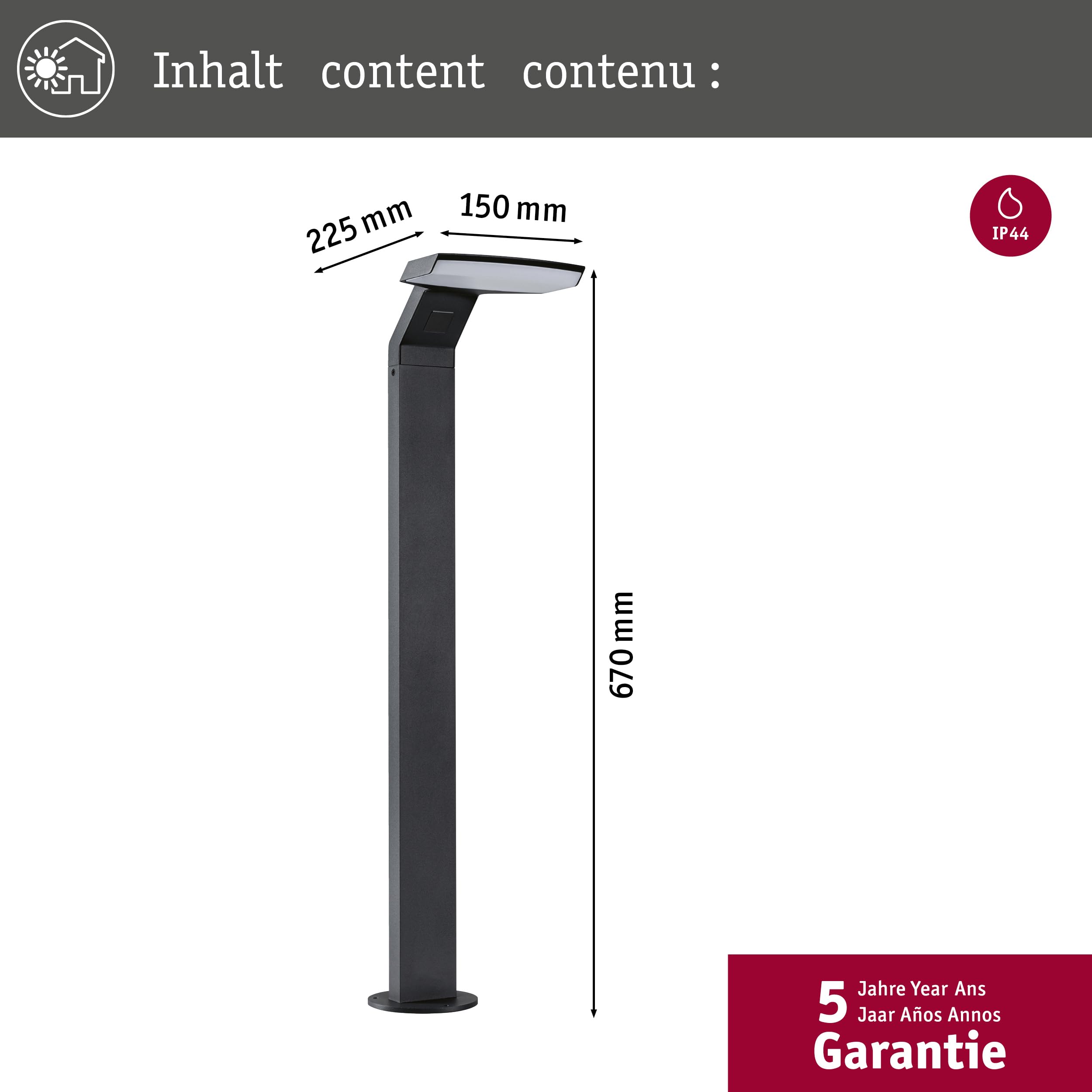 Paulmann 94828 LED Pollerleuchte Zenera IP44 10W 700lm 670mm Anthrazit Metall 3000K seewasserresistent