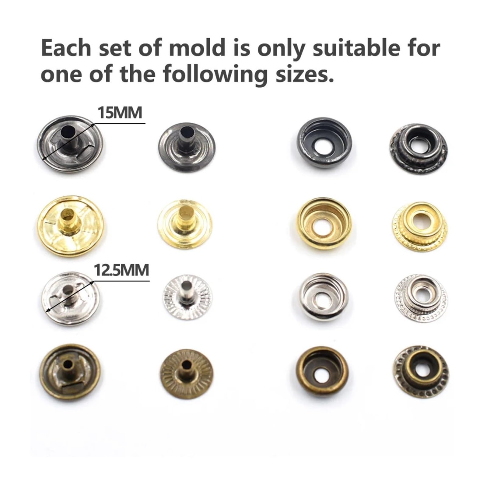 Snap Fasteners Botón Die 50 juegos de botones a presión metal 12,5/15 mm | Con 1 Juego de molde de interfaz de rosca for sujetar botones de presión, herramienta de instalación(Black-15mm)