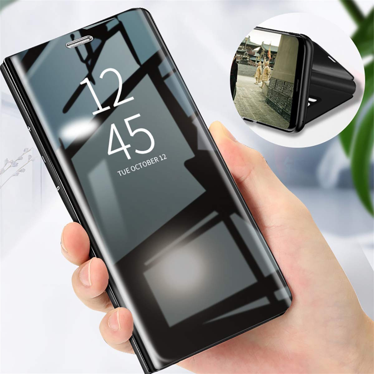 Custoda Clear Vew per Phone 15 effetto speccho supporto nera