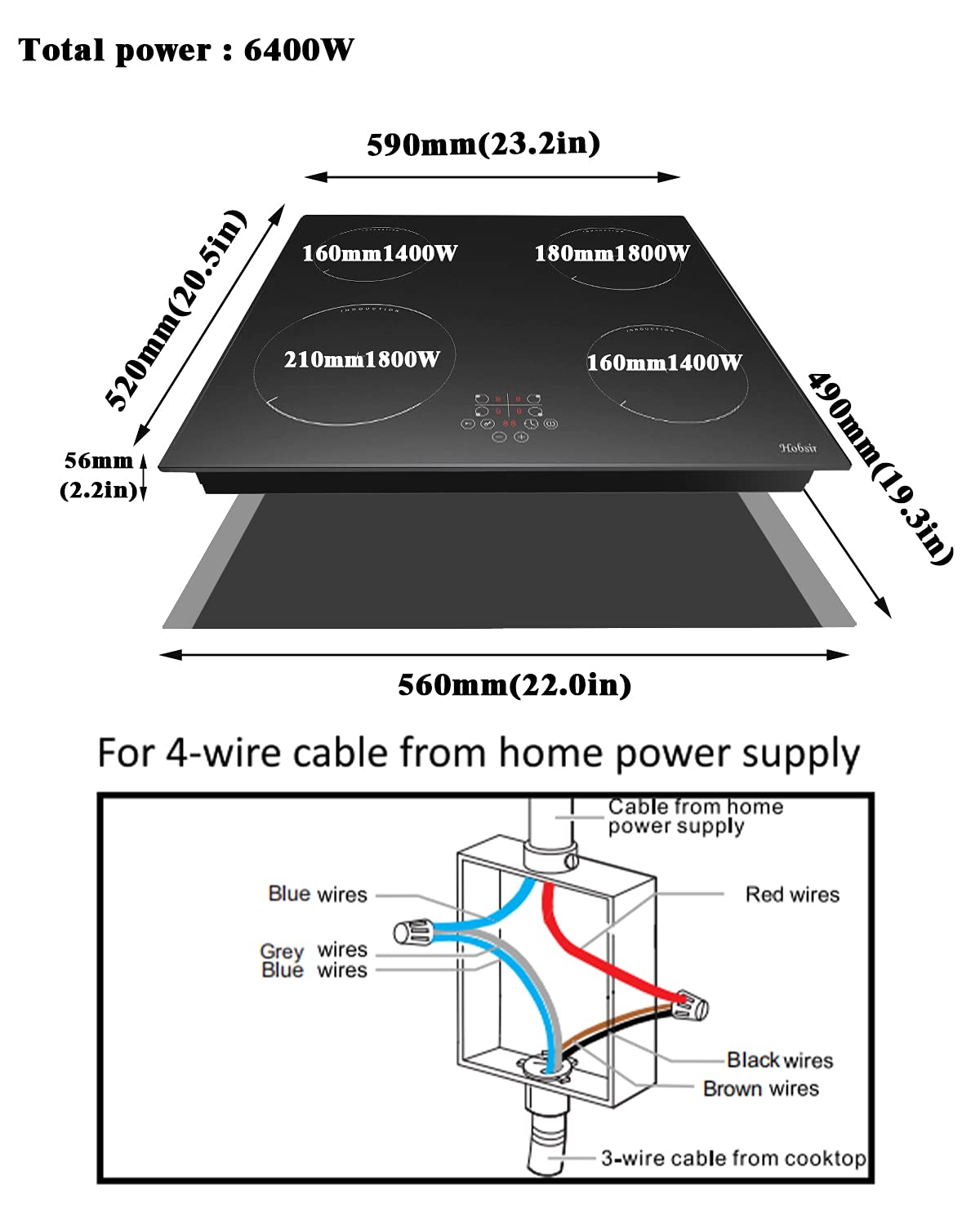 Induction Hob 4 Zones 60cm 6400w Builtin Electric Induction Cooker