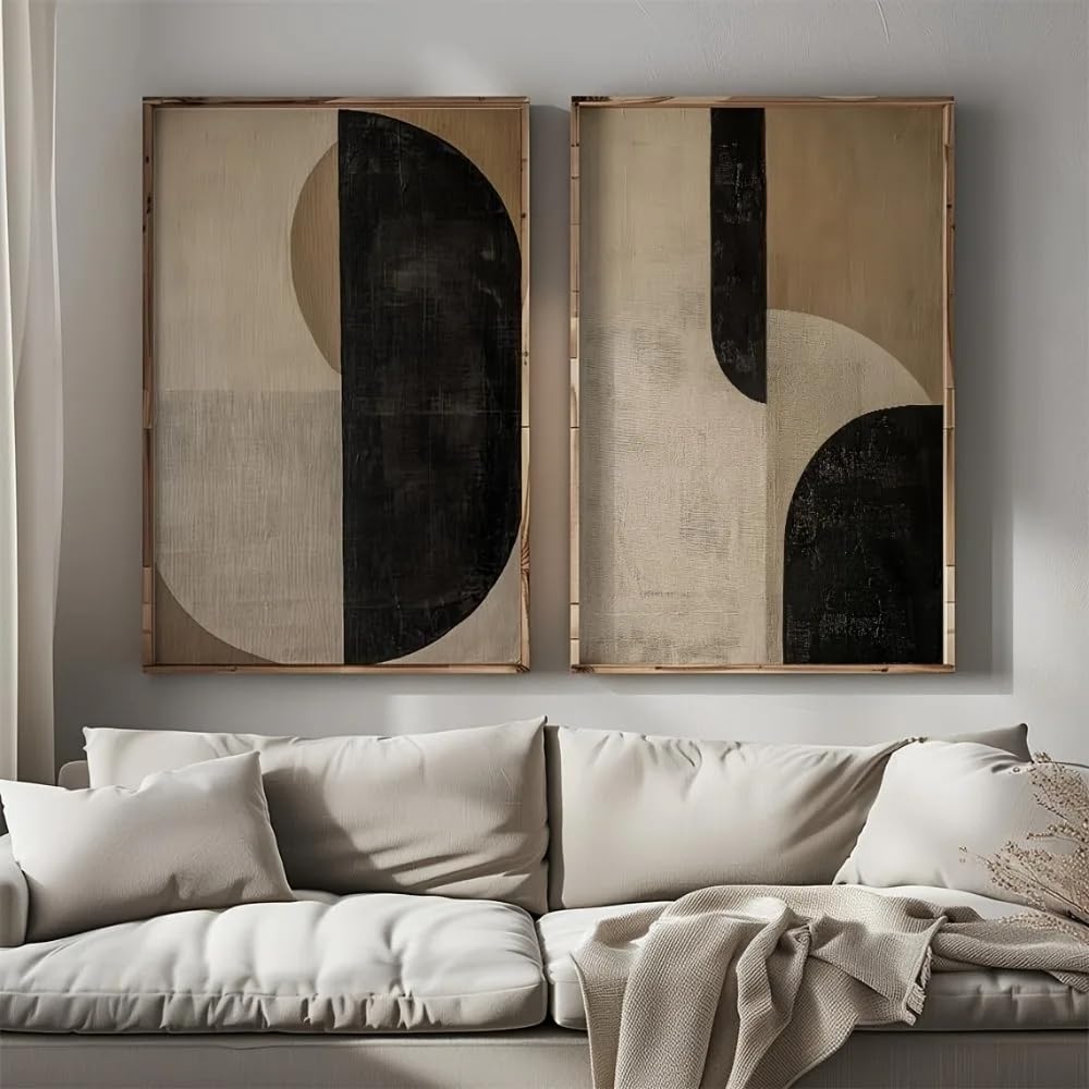 GOSRD Retro Geometric Abstract Wall Art Posters Canvas Painting Black Beige Simple Living Room Home Decor(60x90cm-2pcs)