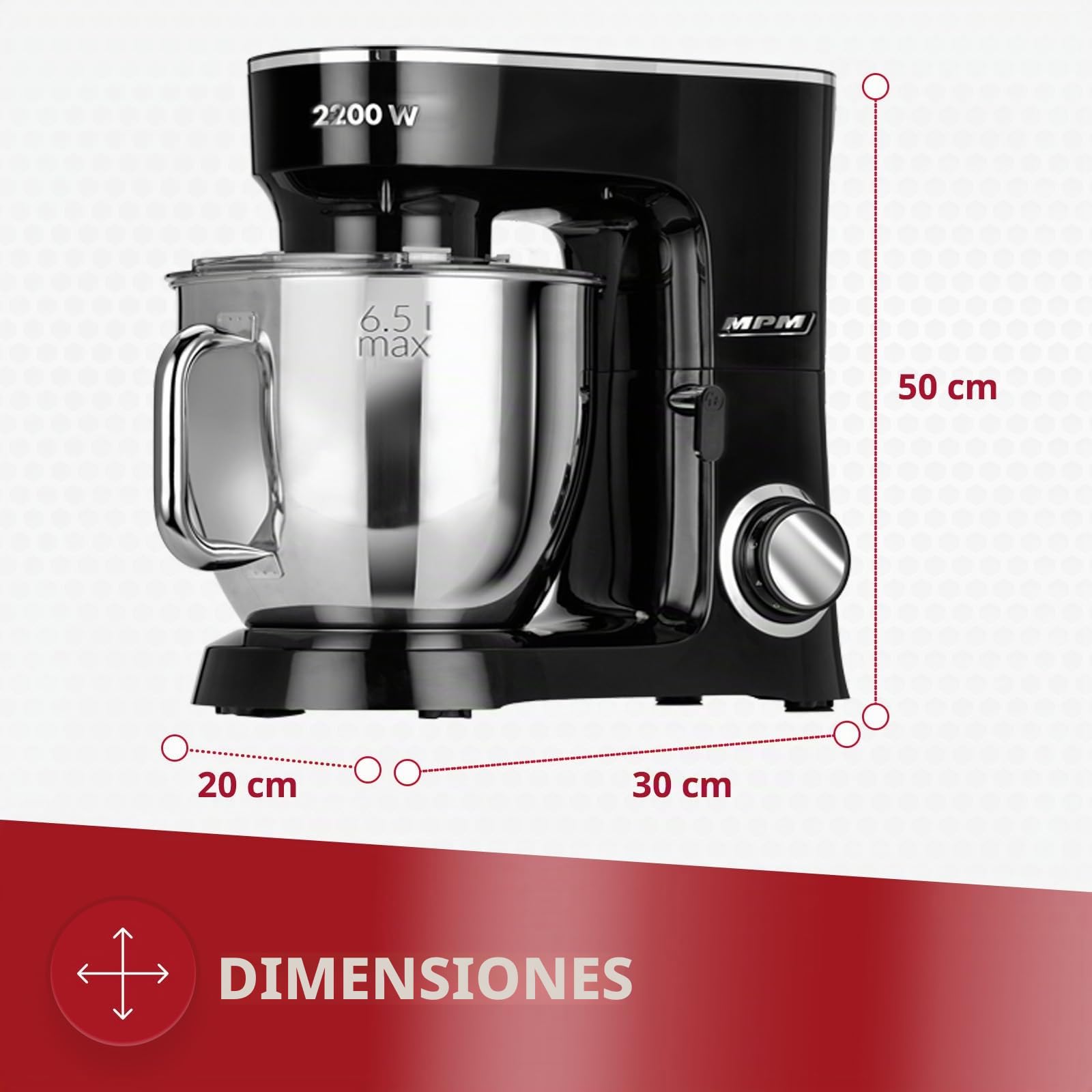 MPM MRK-19 Batidora Amasadora Repostería Profesional Robot Cocina Orbital, 2200W Máx. 6,5L Bol Acero Inox, 6 Velocidades + Función Pulso, Sistema Planetario, Tapa Anti salpicaduras, 3 Accesorios