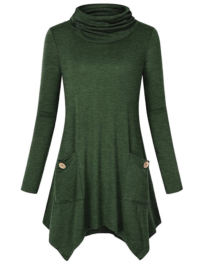 Asymmetrical Tops for Women, Juniors High Neck Full Sleeve Flattering Irregular Hem Stretchy Soft Trapeze Blouses Button Embellished Workout Tops with Pockets Green L