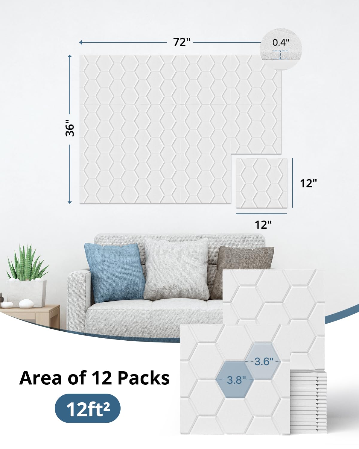 Kuchoow Paneles de pared insonorizados para decoración de interiores, paneles de pared autoadhesivos de alta resistencia, paneles de pared acústicos impermeables de 12 x 12 x 0.4 pulgadas (blanco, 12