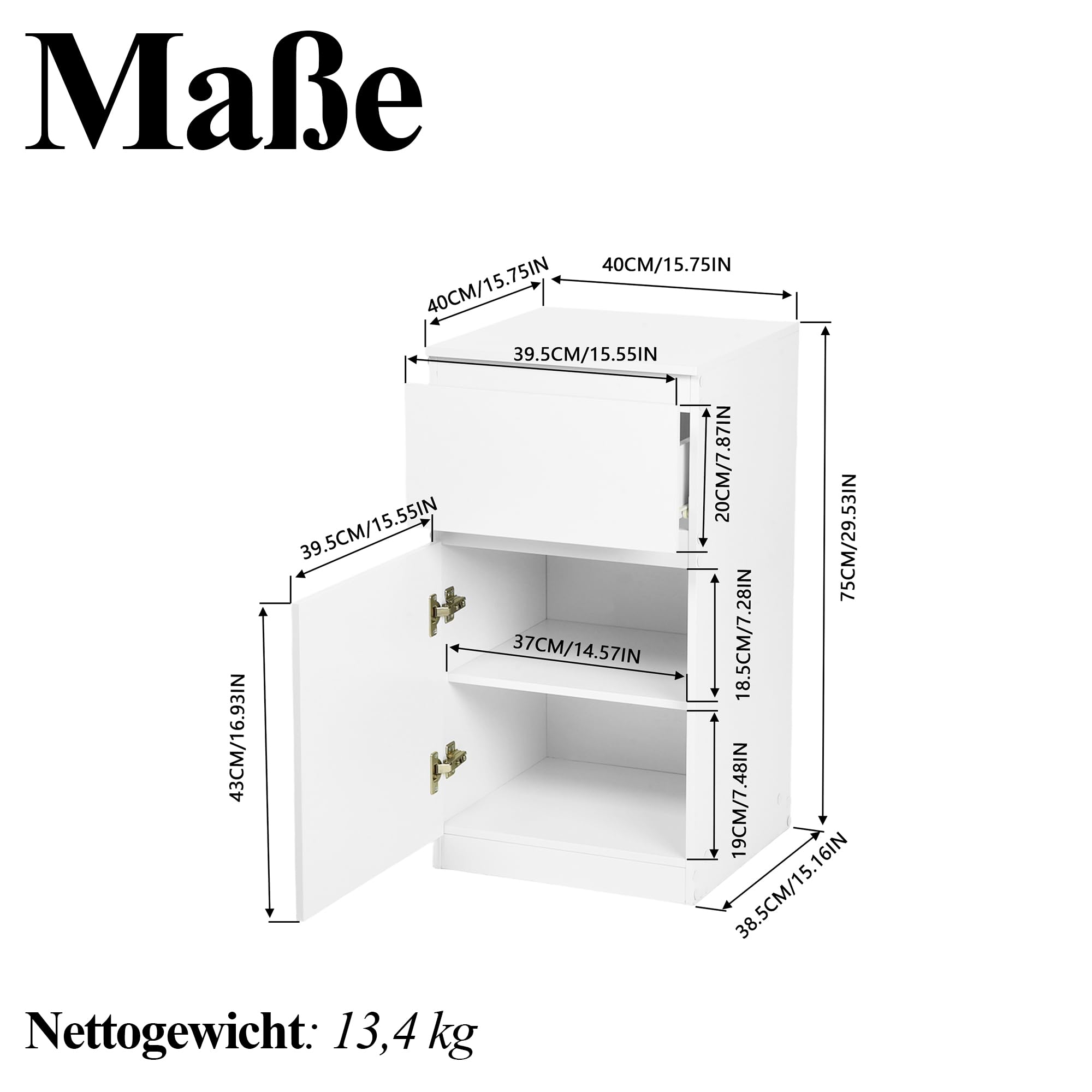 Komodenschrank für Schlafzimmer 40 cm Breit Kommode Weiß mit 1 Schubladen & 1 Tür, Nachtkasten Schubladenkommode Kommode&Sideboard Komoda Weiss für Büro Wohnzimmer Schlafzimmer Flur Möbel