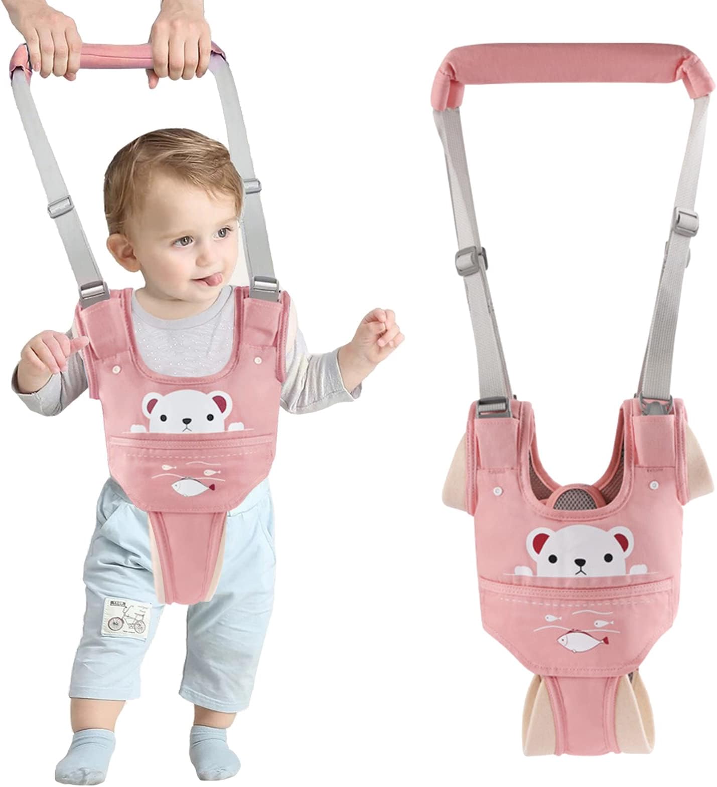 Baby Walking Harness Handheld Baby Walker Assistant Belt Adjustable Toddler Infant Walker Safety Harnesses Standing Up and Walking Learning Helper with Detachable Crotch for 9-24 Month (Pink)