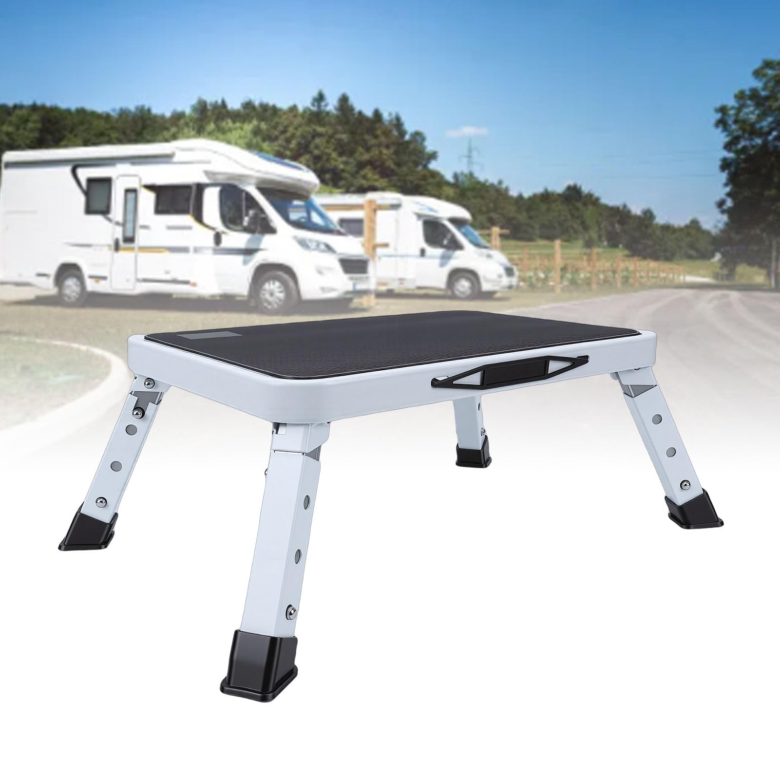 Focket Klappbarer Tritthocker, 3 Gänge Höhenverstellbar, 150 Kg Belastbar, Wohnmobil-Tritthocker, Klappbare Plattform, Sicherheits-RV-Stufen mit Rutschfester Plattform