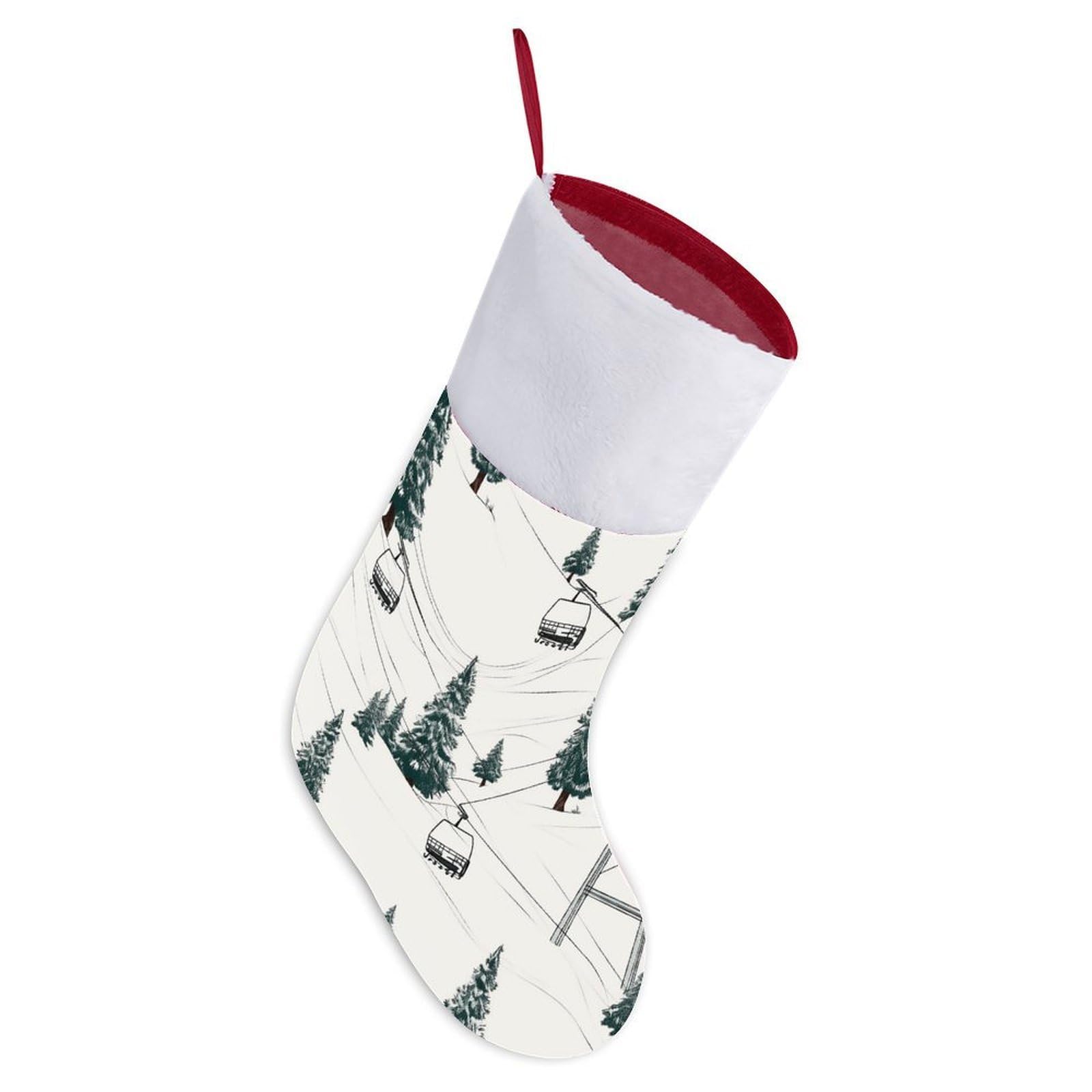 Ski Lift with Fir Tree Christmas Stocking, 16.5 Inch Festive Themed Socks Personalized Hanging Stockings Large Super Soft Xmas Stocking for Xmas Tree Mantel Party Decor