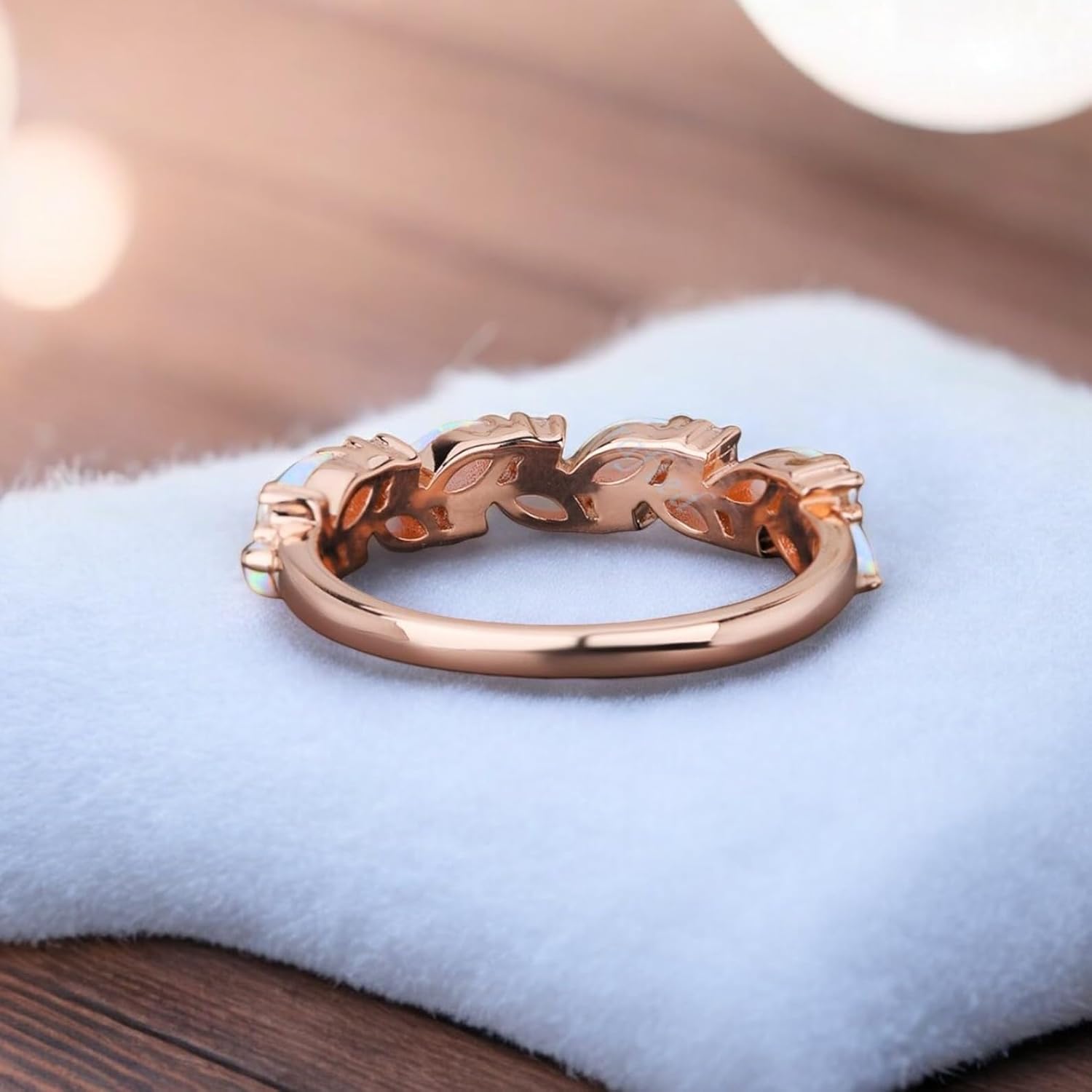 Antique Marquise Cut Opal Wedding Band, Unique Rose Gold Half Eternity Stack Band, Vintage Moissanite Wedding Ring, Custom Bridal Promise Ring - Handmade Vintage Jewelry Set for Women