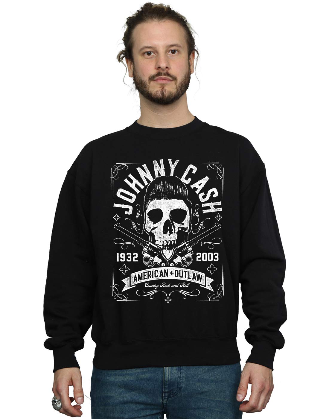 Absolute Cult Men's Black Johnny Cash American Outline Skull Sweatshirt Large