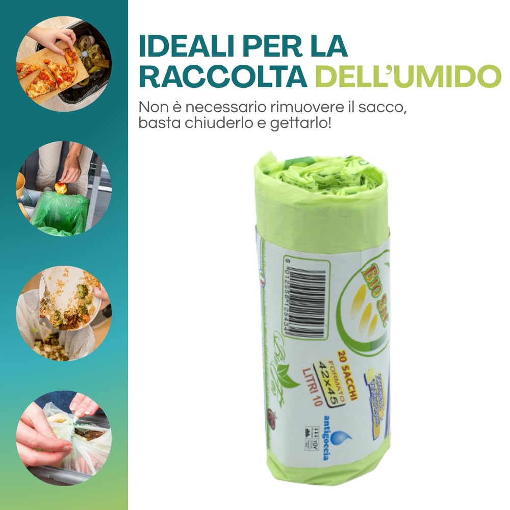 Palucart Sacchi raccolta umido e Organico cm 42x45 (10 litri) 1000 pezzi biodegradabili e compostabili