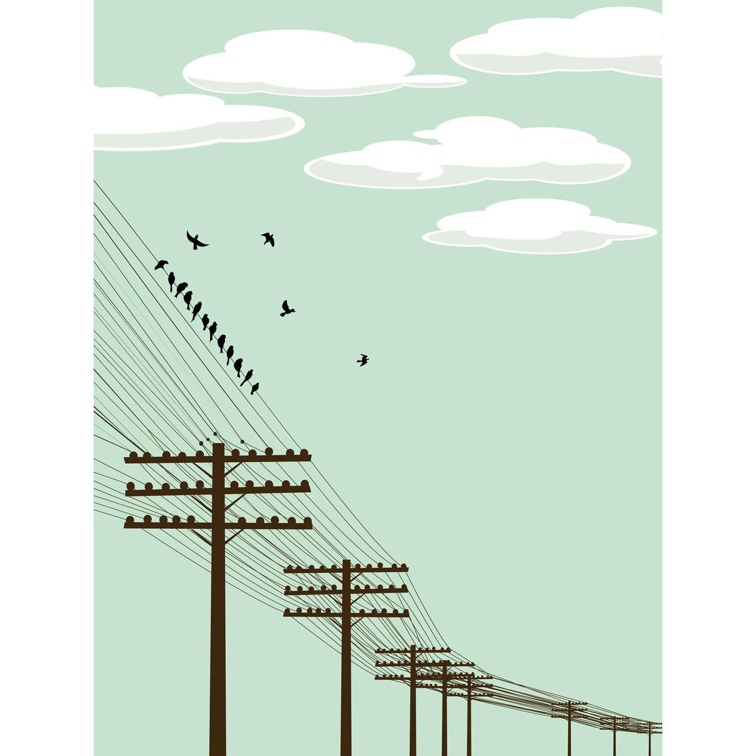 Wee Blue Coo PAINTING ILLUSTRATION FLOCK BIRDS TELEGRAPH POLES WIRE ART PRINT 12x16 '' POSTER MP3110B