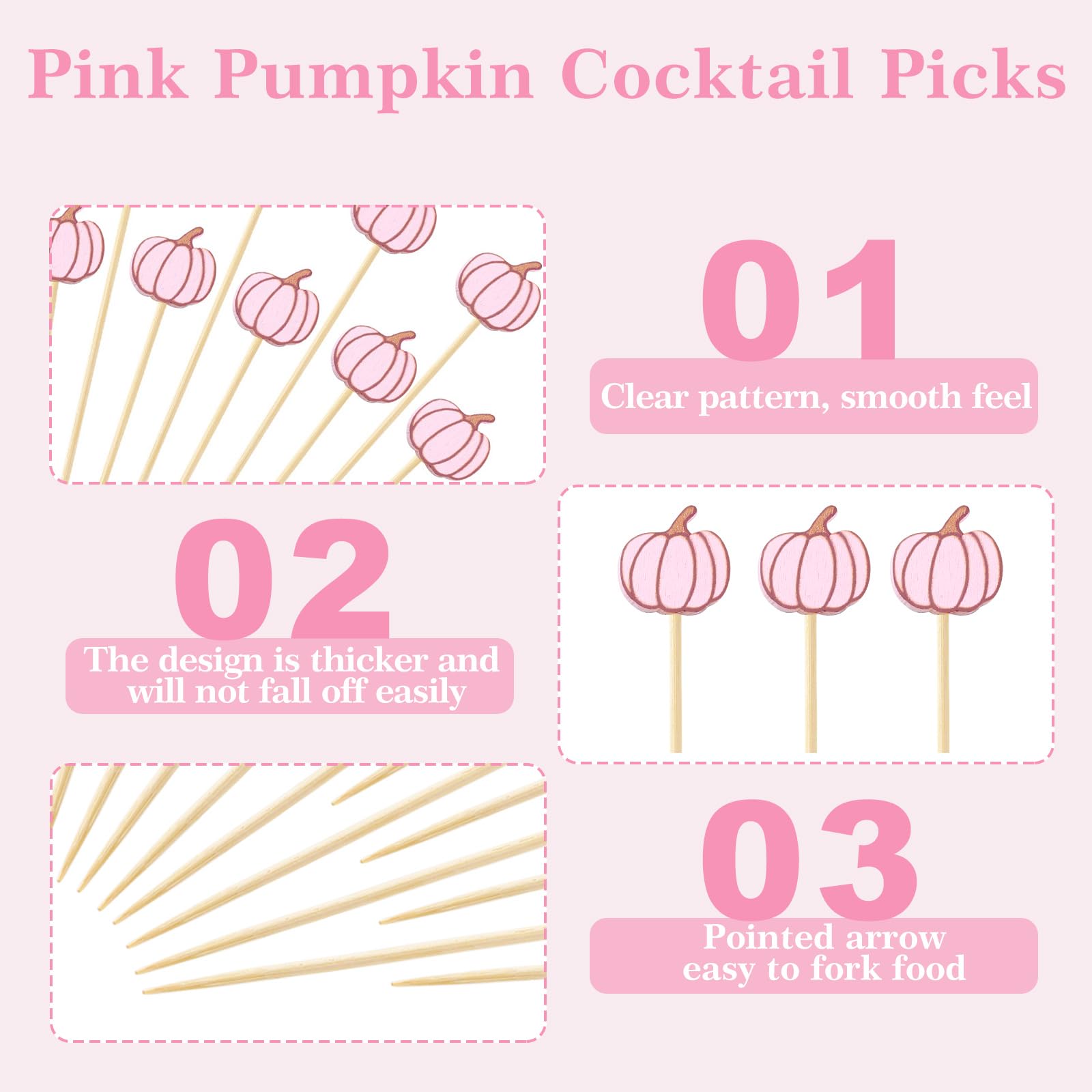 JarThenaAMCS 100 palillos de cóctel de otoño, calabaza, rosa, bambú, pinchos largos para aperitivos, para otoño, Acción de Gracias, frutas, bebidas, postres, suministros para fiestas