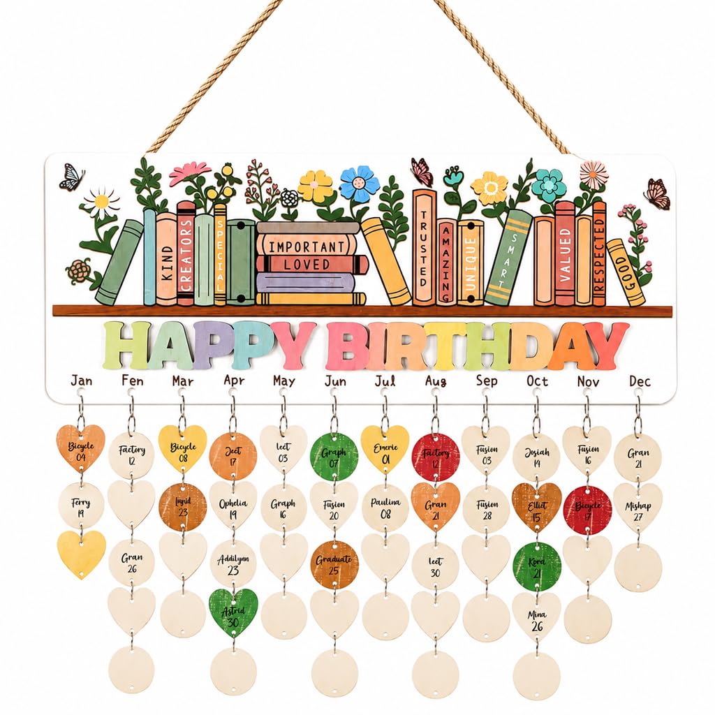 HASTHIP® Happy Birthday Wood Reminder Calendar Board DIY Motivational Commemorative Plaque Floral Design Hanging Ornament for Home Decoration-image-45
