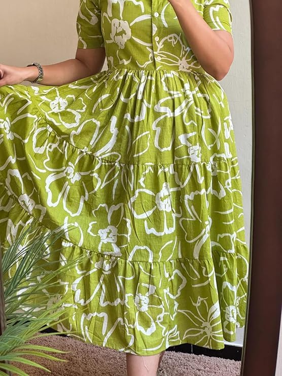 Image of Women's Rayon Floral Printed Midi Dress | Casual Fit & Flare One Piece Dress for Women | Stylish Short Sleeve Western Dress