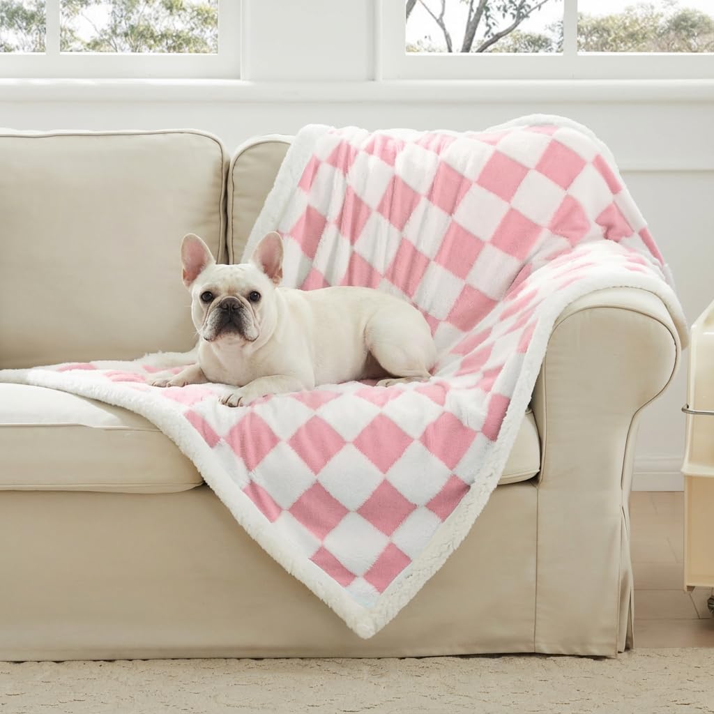 Ohocut Checkered Dog Blanket, Pink Jacquard Sherpa Blankets for Small Dog and Cats, Cute Girly Women Aesthetic Style Fluffy Fleece Pets Blanket for Couch Protection Washable, 40"x50"