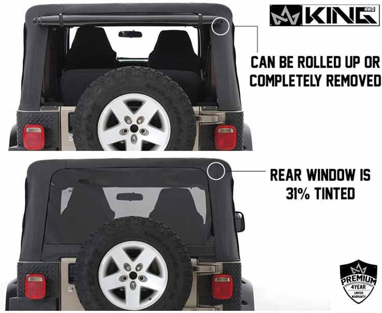 King 4WD Premium Replacement Soft Top with Clear Upper Doors - Black Diamond Top with 31% Tinted Side and Rear Windows - Suitable for Jeep Wrangler TJ 1997-2006