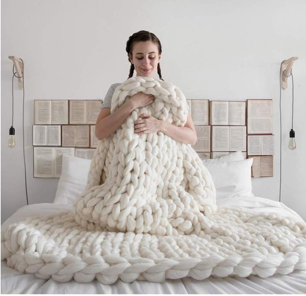 Handmade Giant Chunky Blanket Wool Blend Knitted Throw Soft Rug Sofa Blanket Hand-Woven Bulky Blanket Home Bed Lounge Decor Larger Size 100x200cm