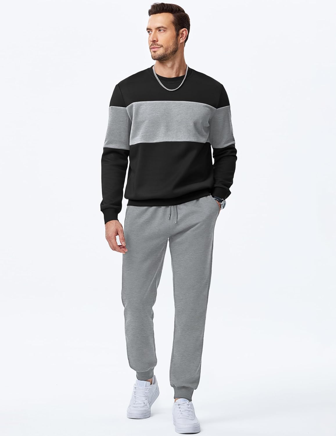 Men's 2 Piece Sweatsuits Outfits Casual Crewneck Color Block Sweatshirt Joggers Sweatpants Set Tracksuit - Image 3