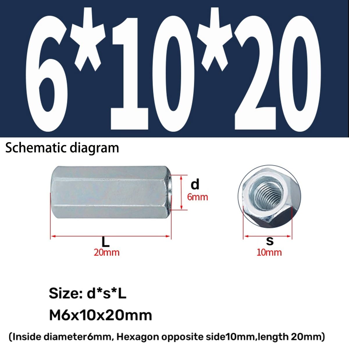 10pcs Hex Rod Coupling Nuts, M5 M6 M8 M10 M12 M14 M16 M18 Galvanize Threaded Rod Connectors Nut Hexagon Nut Screw Cap(M10x14x40mm)