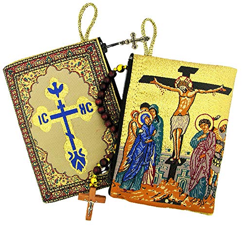 Crucifixion of Jesus Christ Icon Tapestry Rosary Pouch Keepsake Holder 5 3/8 Inch