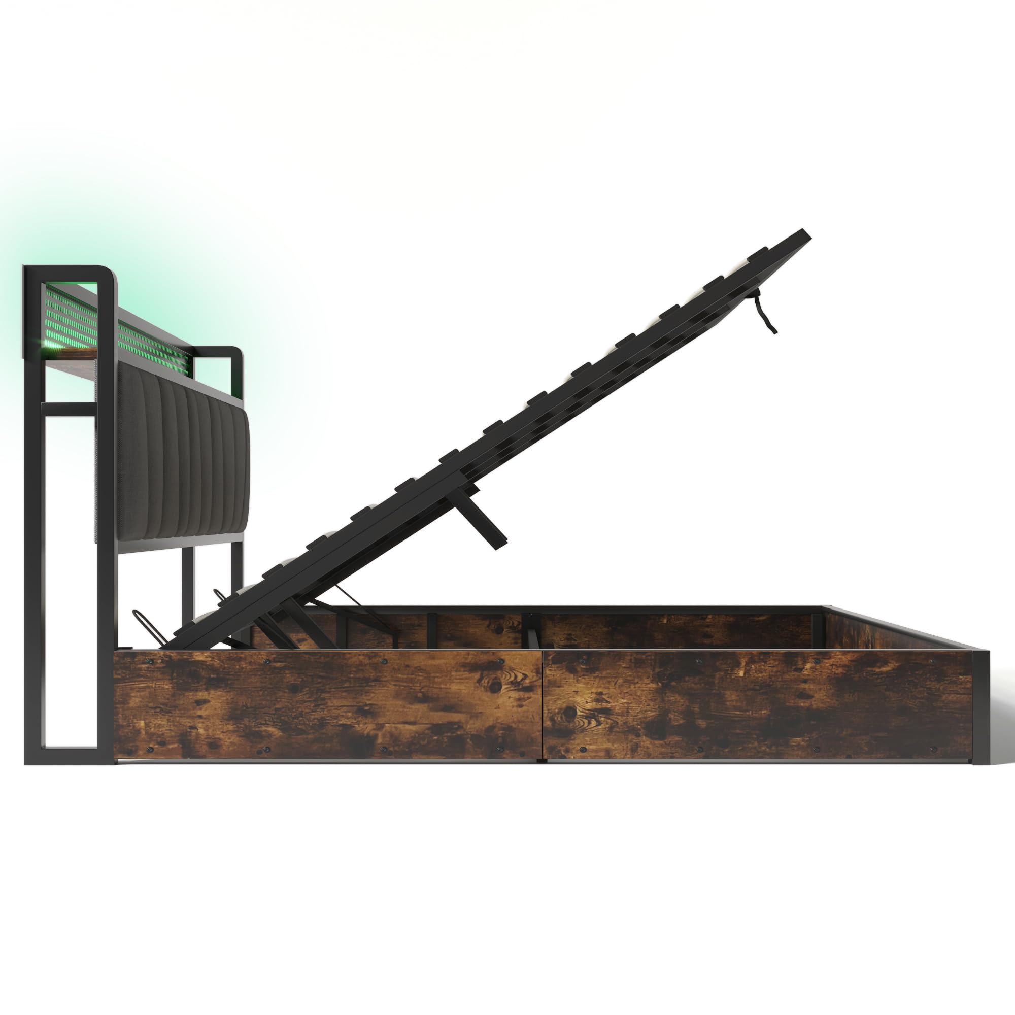 Rtopsu Letto Imbottito Letto Matrimoniale 180x200 con Illuminazione LED e USB Testata, Letti con Contenitore, Struttura del Letti con Telai in Metallo e Doghe in Legno, Lino, Grigio, Senza Materasso