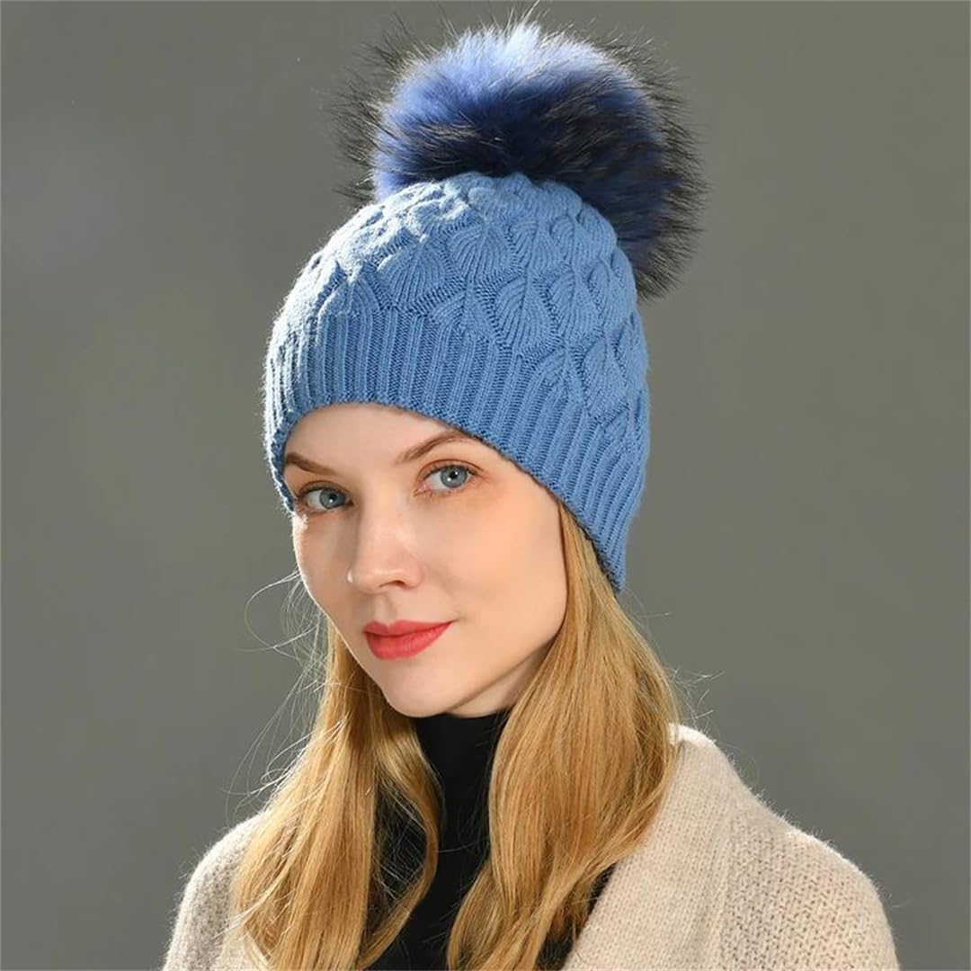 Gorro De Invierno Para Mujer, Gorro Tejido Con Pompón De Piel, Doble Capa, Grueso, Cálido, Otoño