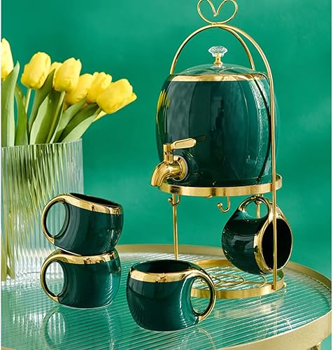 Miniatura 7 de SYALEO Drink Dispenser Drink Dispenser Set Ceramic Beverage Dispenser W 6 Cups &amp; Metal Stand Countertop Fruit Container for Fridge Parties &amp;