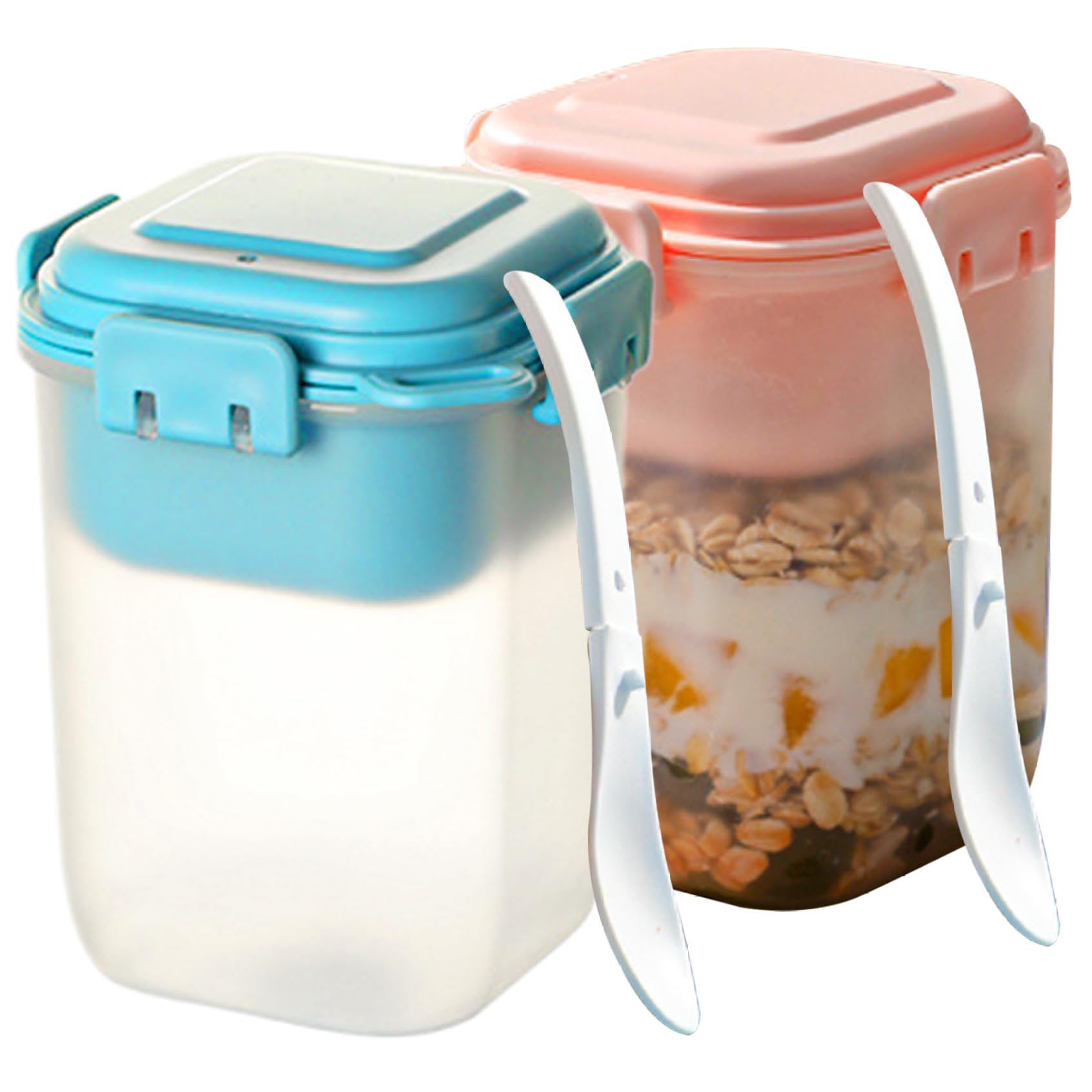 Hintyne Overnight Oats Container Overnight Oats Jar with Lids, 2PCS Container 450ml Cereal Cup with Spoon ＆ Detachable Ice Box Yoghurt Pots Breakfast Jar