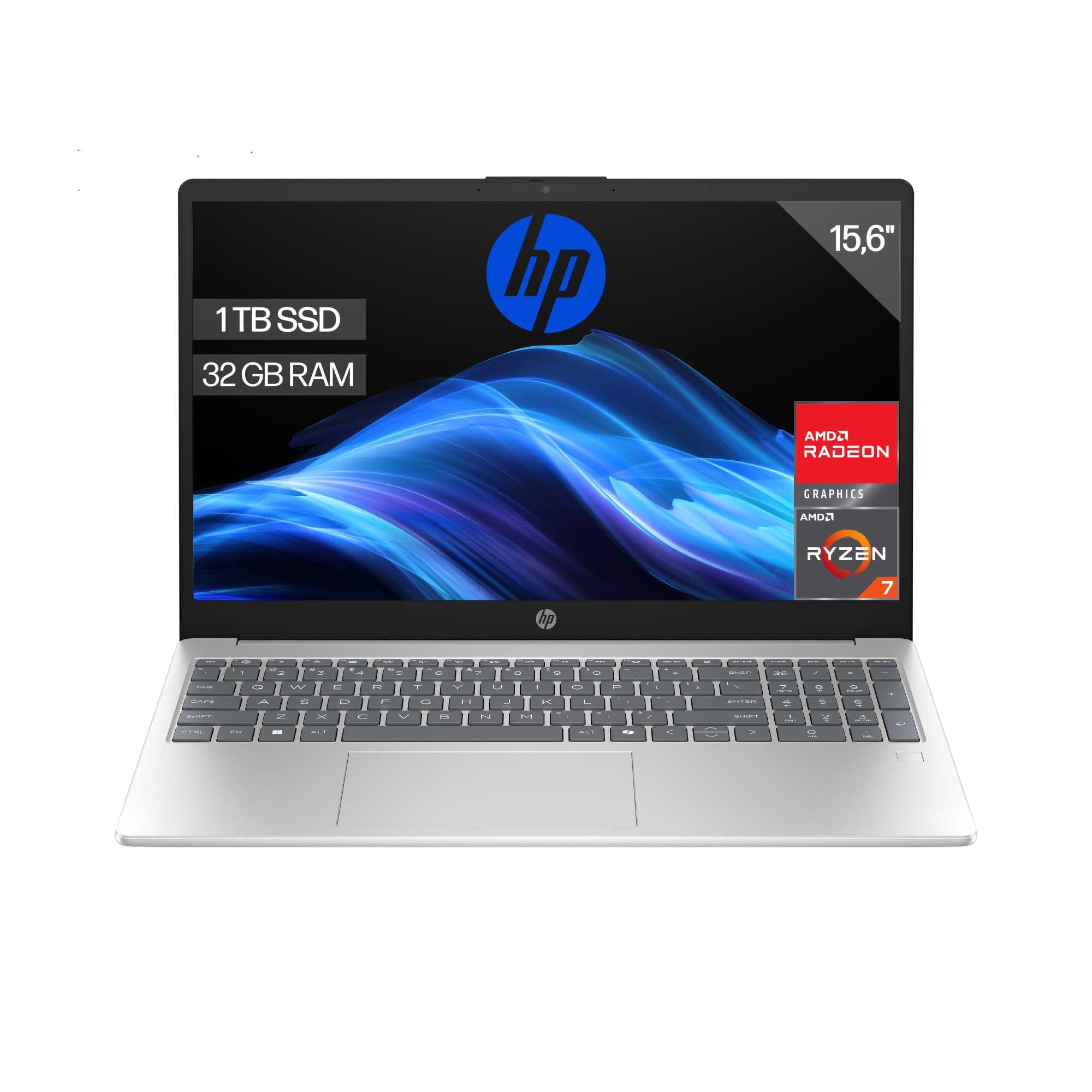 HP 15-fc0240ns - Ordenador portátil de 15.6" FHD (AMD Ryzen 7-7730U, 32 GB RAM, 1TB SSD, AMD Radeon Graphics, Sin Sistema operativo) Plata - Teclado QWERTY Español