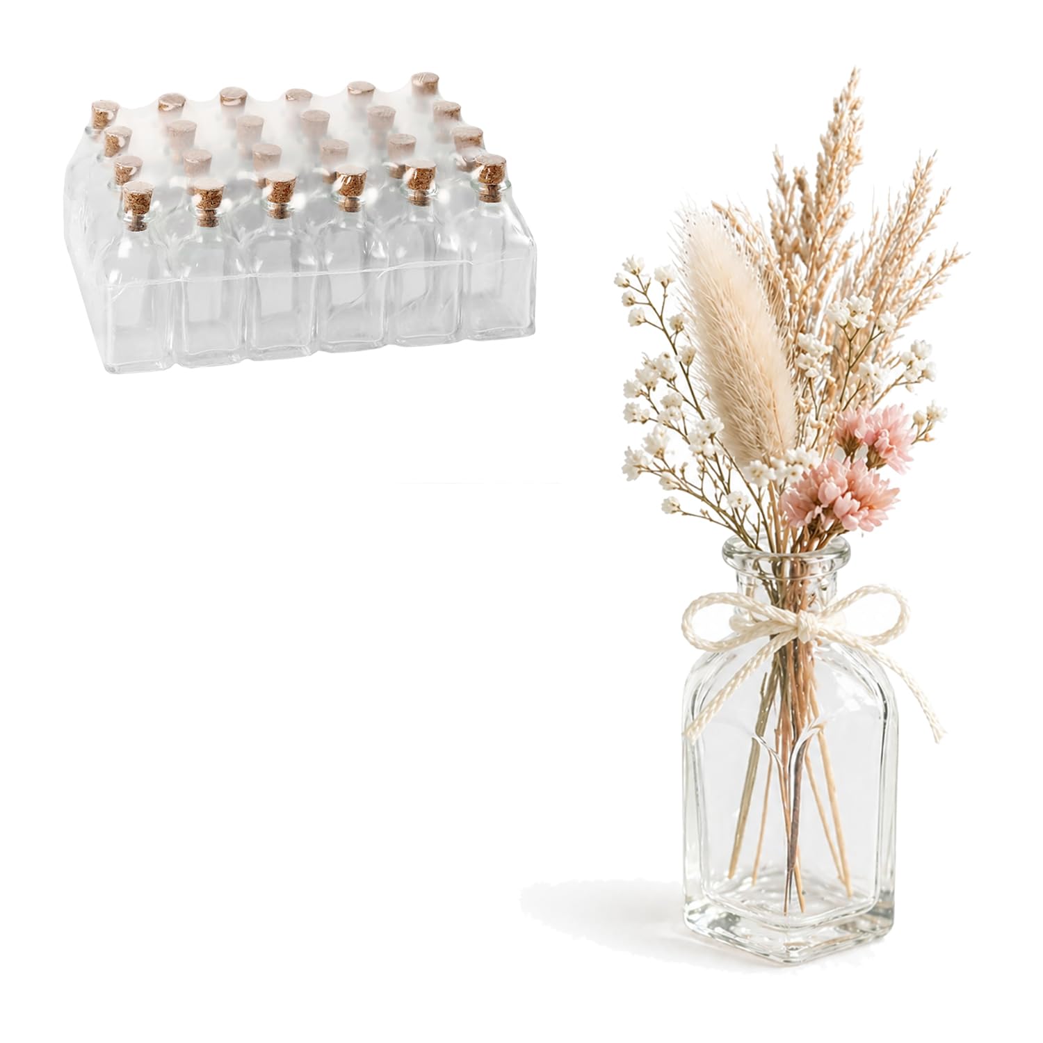 BBotella de Cristal 62,5ml | Pack 24 Unidades | 9x3,5x3,5cm | Tapón Corcho Natural | Agua Licores Manualidades | Hostelería Celebraciones Fiestas | Botellitas para Bar, Decoración (62,5ml (24 uds)