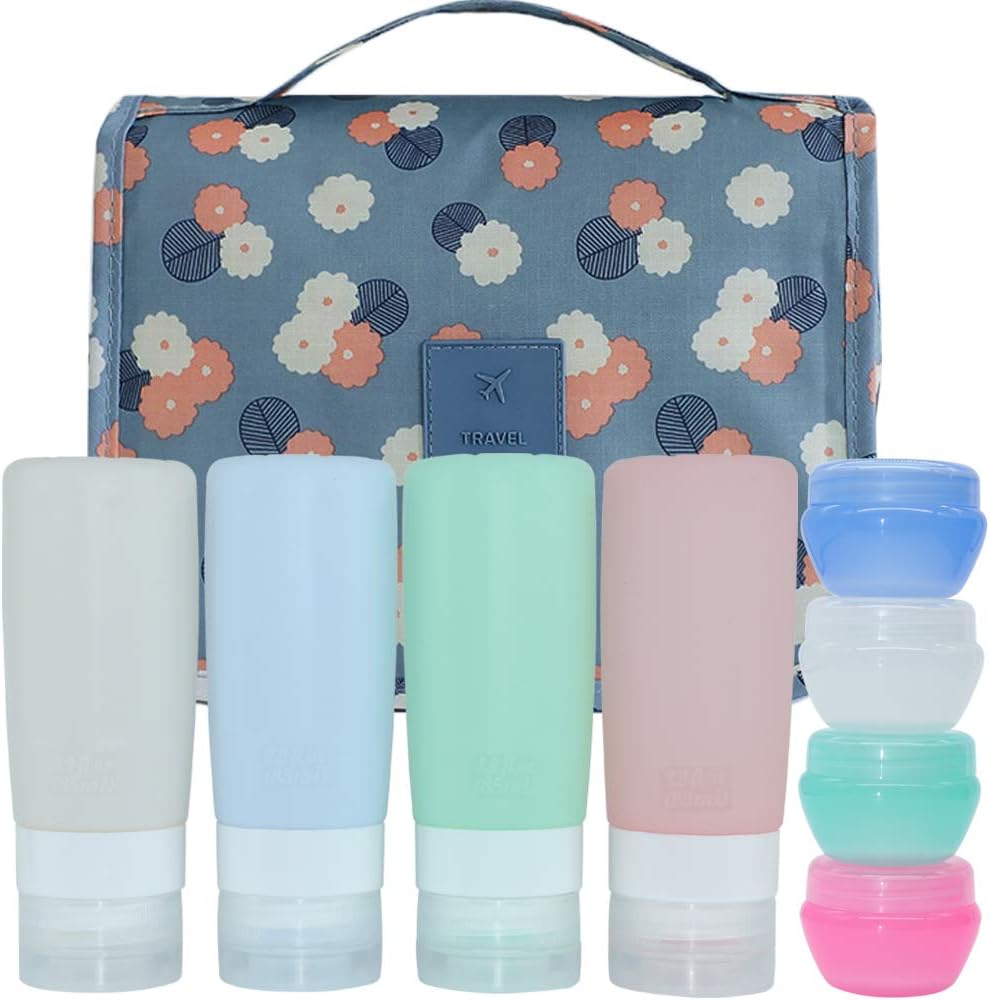 Travel Makeup Bag Set with 3oz Silicone Bottles,Toiletry Travel Bag with TSA Approved Airplane Travel Bottles,Waterproof Cosmetic Travel Organizer Bag with BPA Free Leakproof Travel Bottles