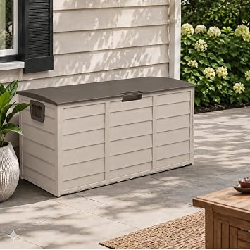 75 Gallon Resin Deck Box, Waterproof Outdoor Storage Box with Wheels, Lockable Lid and Handles, Large Deck Storage for Outdoor Gear, Patio Furniture Cushion, Gardening Tools, Brown