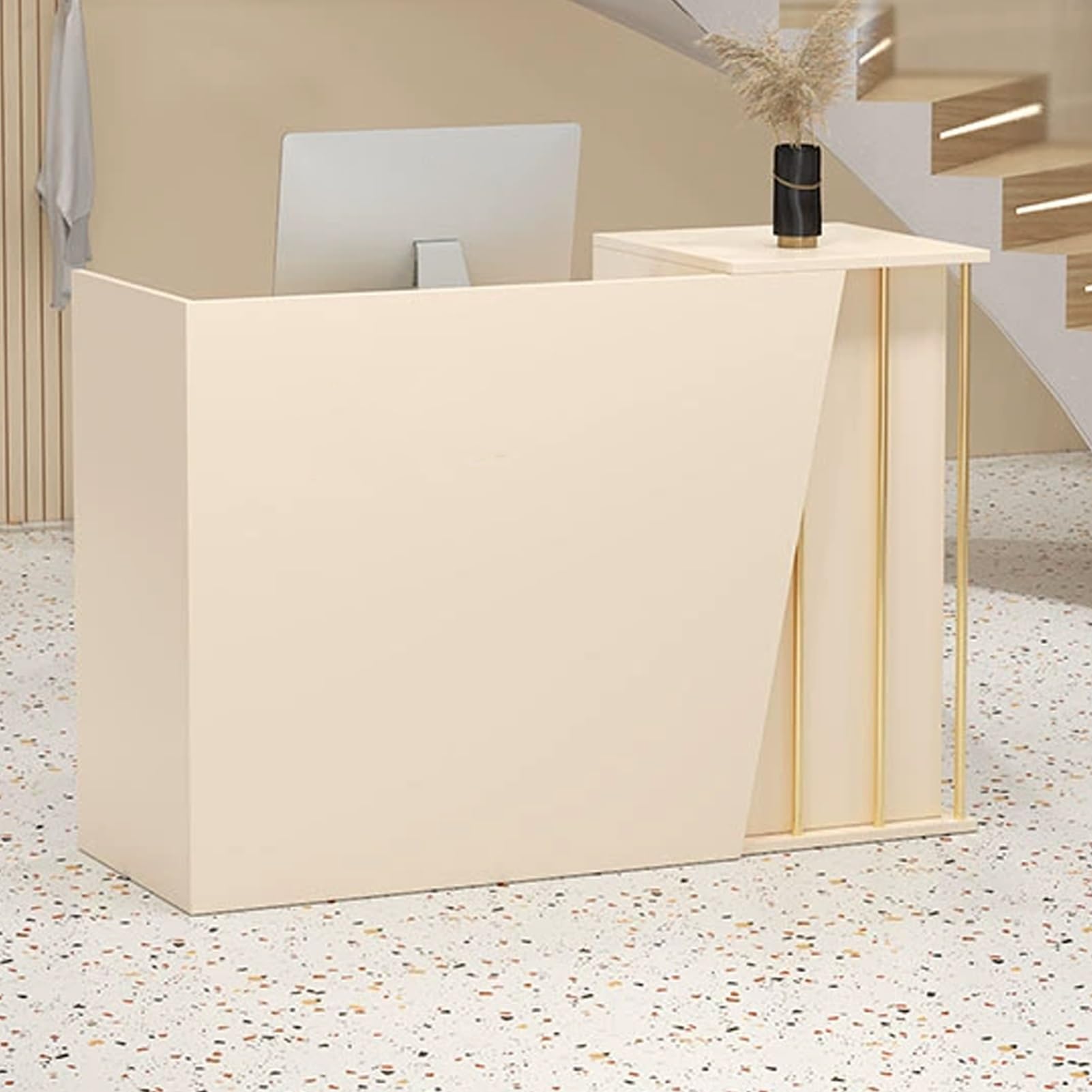 Comptoir de Réception, Comptoir D'accueil, Table de Réception avec Grand Rangement, Comptoir de Caisse Spacieux, Comptoir de Caisse, Parfait Pour Les Espaces de Réception de Bureau(Apricot,120c