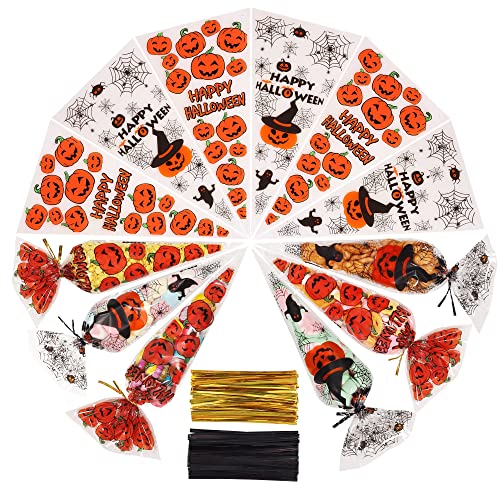 AUERVO 100Pcs Halloween Cone Bags Pumpkin and Spider Web Treat Bags With Gold and Black Twist Ties for Party Favor Snacks Candy Kids Gift