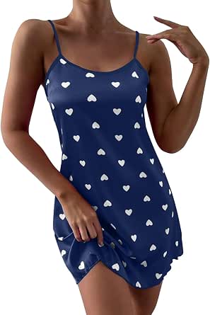 Saashi Women's Heart Print Slip Nightdress Crew Neck Criss Cross Back Sleepwear.