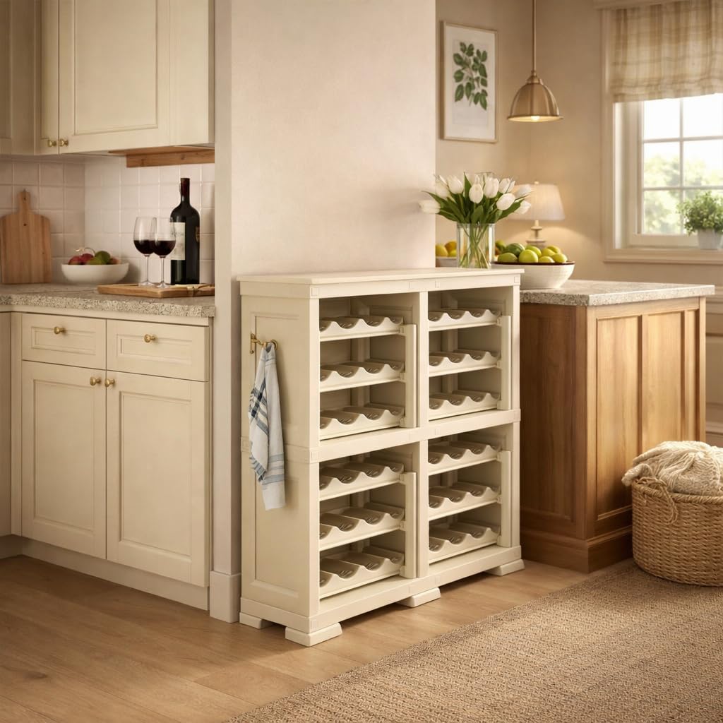 Scaffale Portabottiglie per 48 Bottiglie, Cantinetta Vino Modulare in Plastica, Mobile Porta Vino a Vista per Cucina, Cantina o Soggiorno, 79x42,5x85,5 cm (Angora)