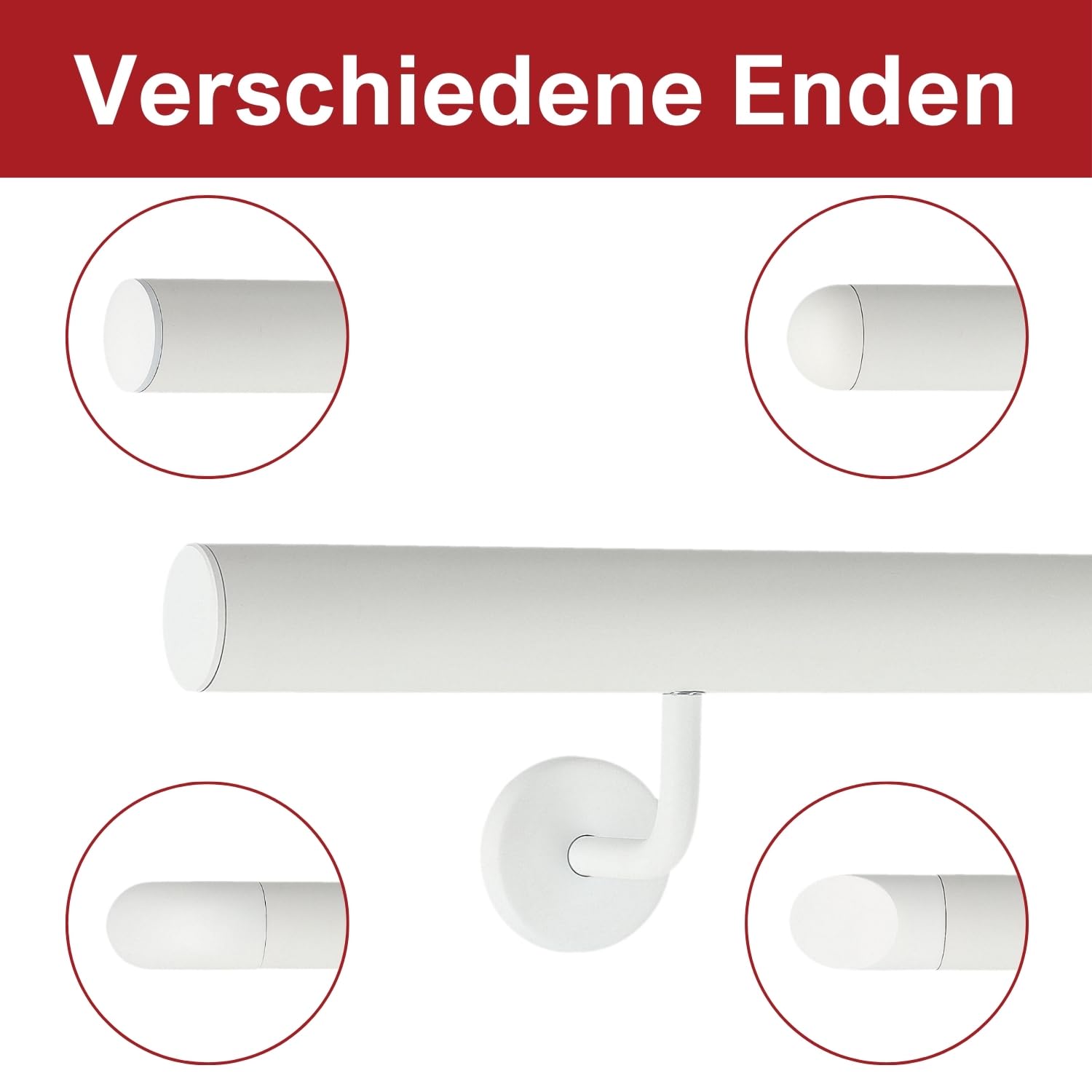 TIBU Handlauf Aluminium Weiß Geländer 30-600cm Wandhandlauf Treppe gewinkelte Edelstahlhalter, Länge 240 cm mit 3 Halter und gerade Kappe