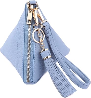 Triangle Vegan Leather Wristlet Clutch Purse Handbag - Pyramid Evening Cocktail Pouch Wallet Detachable Strap & Tassel Charm (Blue) One Size