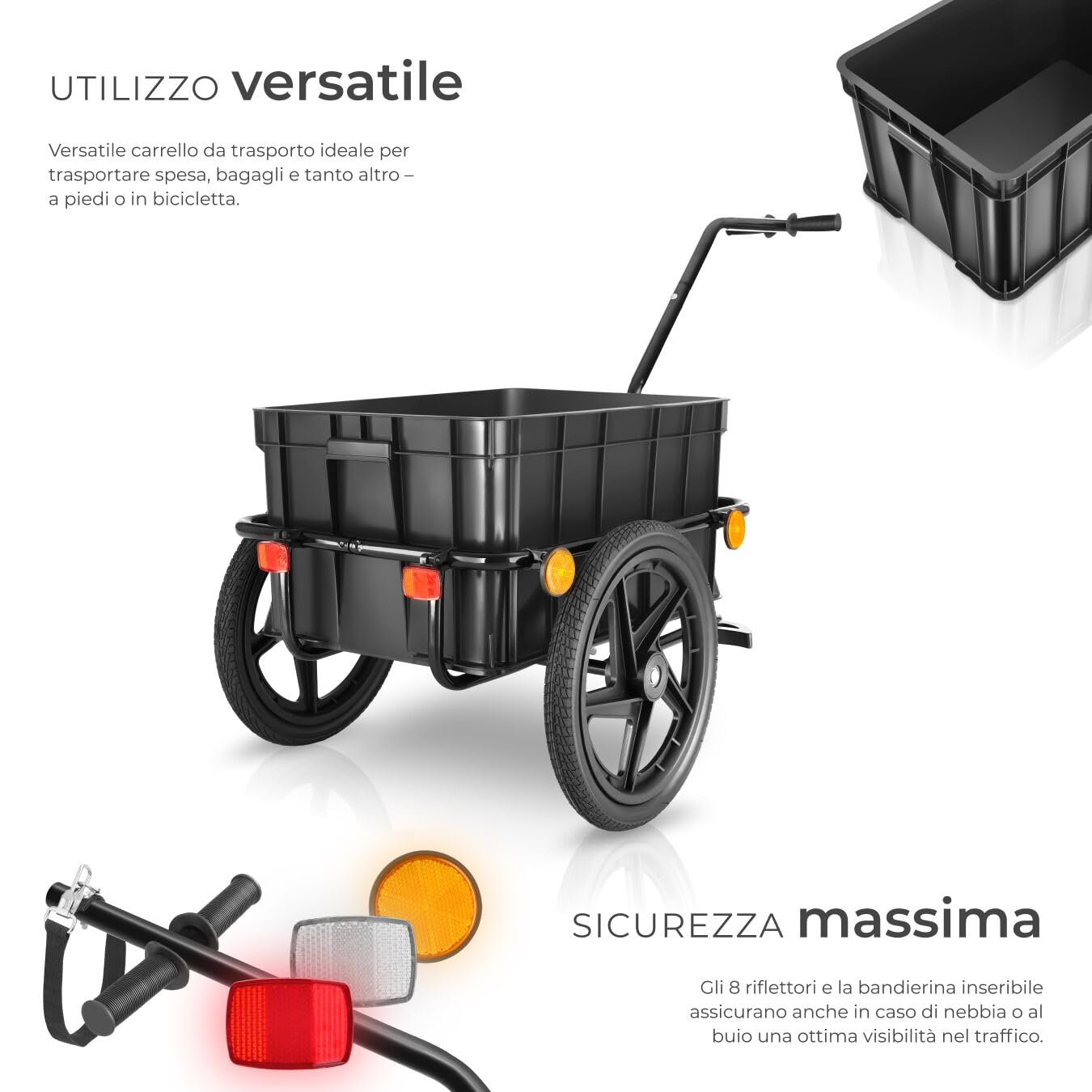 tectake® Rimorchio per Biciclette 2 in 1, Multifunzionale, Carrello a Mano, Cassa Rimovibile con Maniglie, Telo Impermeabile, Pneumatici con Cuscinetti a Sfera, Capacità Fino a 50 kg - Nero