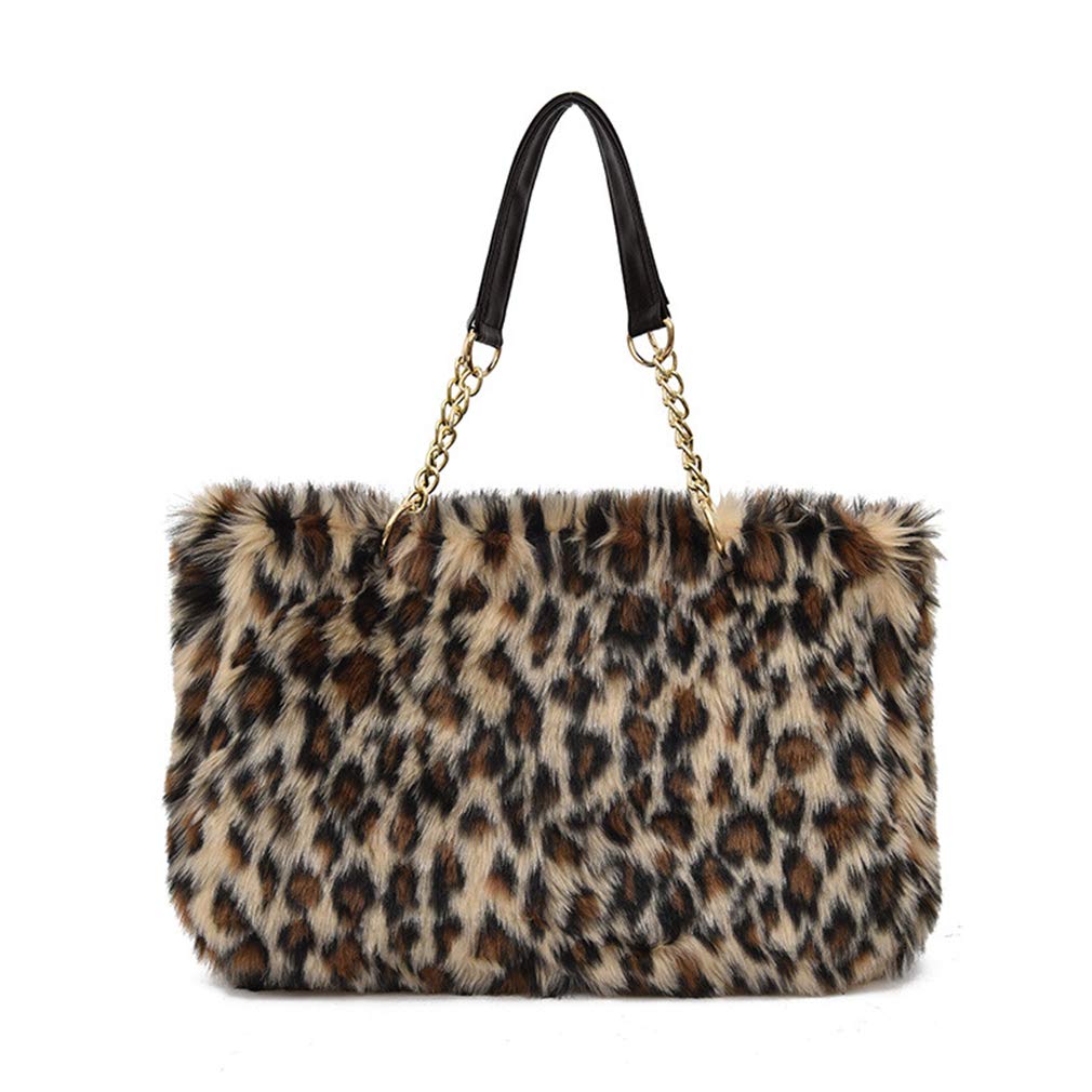 Large Faux Fur Tote Bag Winter Shoulder Bag Satchel Tote Handbag for Women (Leopard Print)
