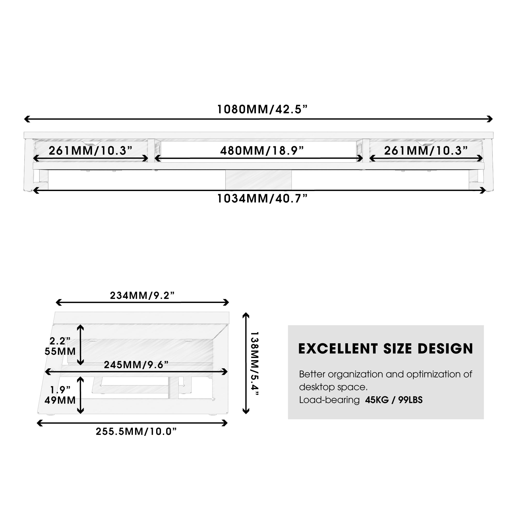 Fenge Support de Dual Moniteurs , Réhausseur d'Écran d'Ordinateur avec 2 Tiers en Acrylique, Pour PC/Ordinateur/ 2 Moniteurs/Fax/Imprimante/TV, 108x25,5x13,8cm, Charge de 45KG (G04F3104D-U)