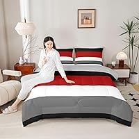 Vista 3 de Erosebridal - Juego de edredón con rayas rojas y negras tamaño Queen, juego de ropa de cama con diseño geométrico y estampado de patchwork en blanco