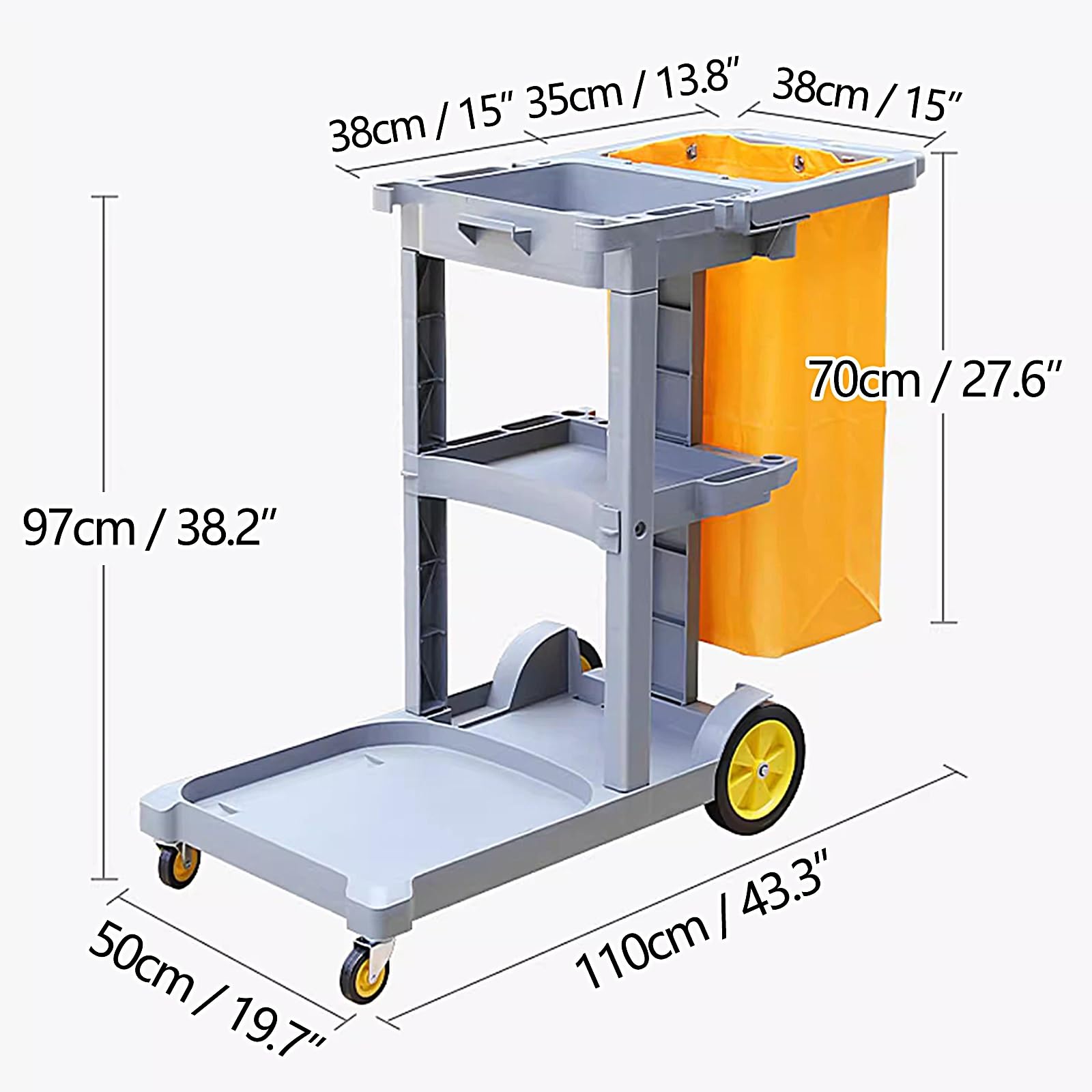 Carrito de limpieza profesional con ruedas de goma silenciosas, cesta multifuncional de 3 capas para ropa sucia zonas residenciales, centros comerciales, escuelas, hoteles, color negro