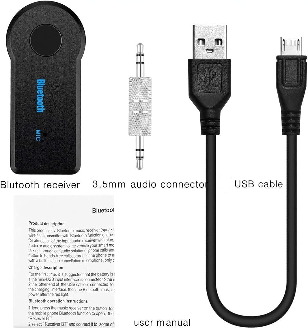 UrbanX Mini Bluetooth Receiver package contents including receiver, 3.5mm audio connector, USB cable, and user manual.