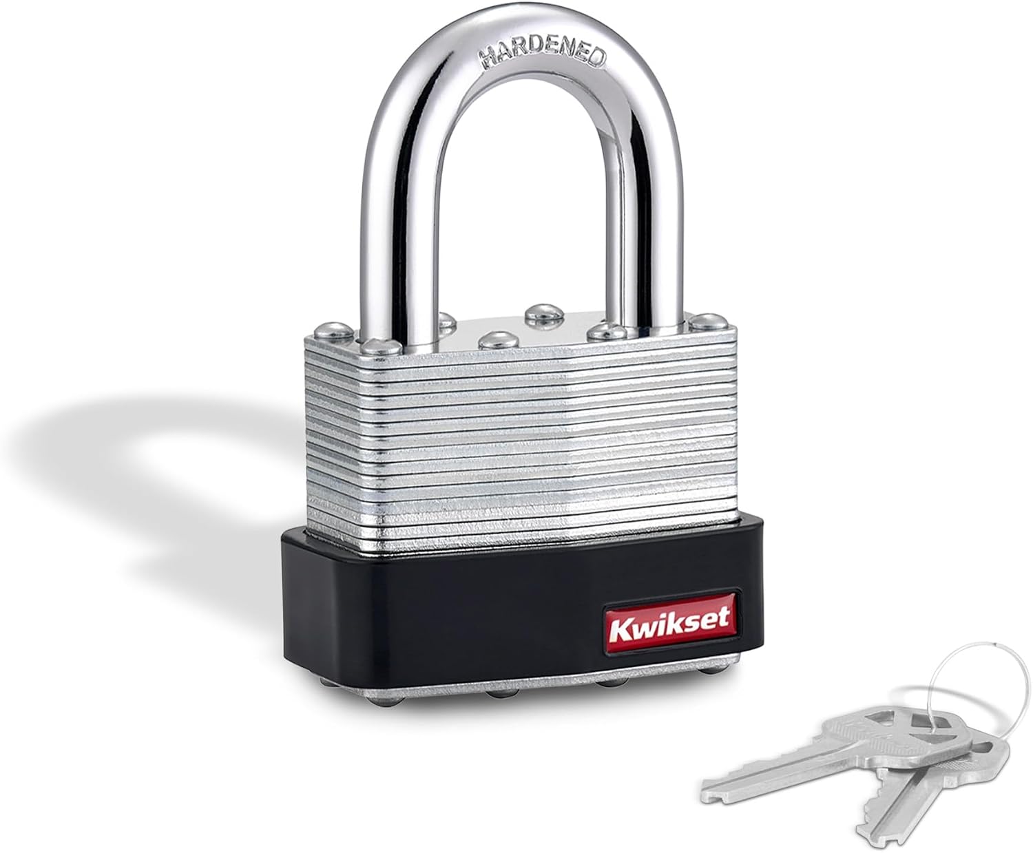 Kwikset Laminated Steel Padlock with Hardened Steel Shackle, Outdoor Gate and Fence Lock, 2 in Body, 1-1/8 in Shackle, 1 Pack, Silver