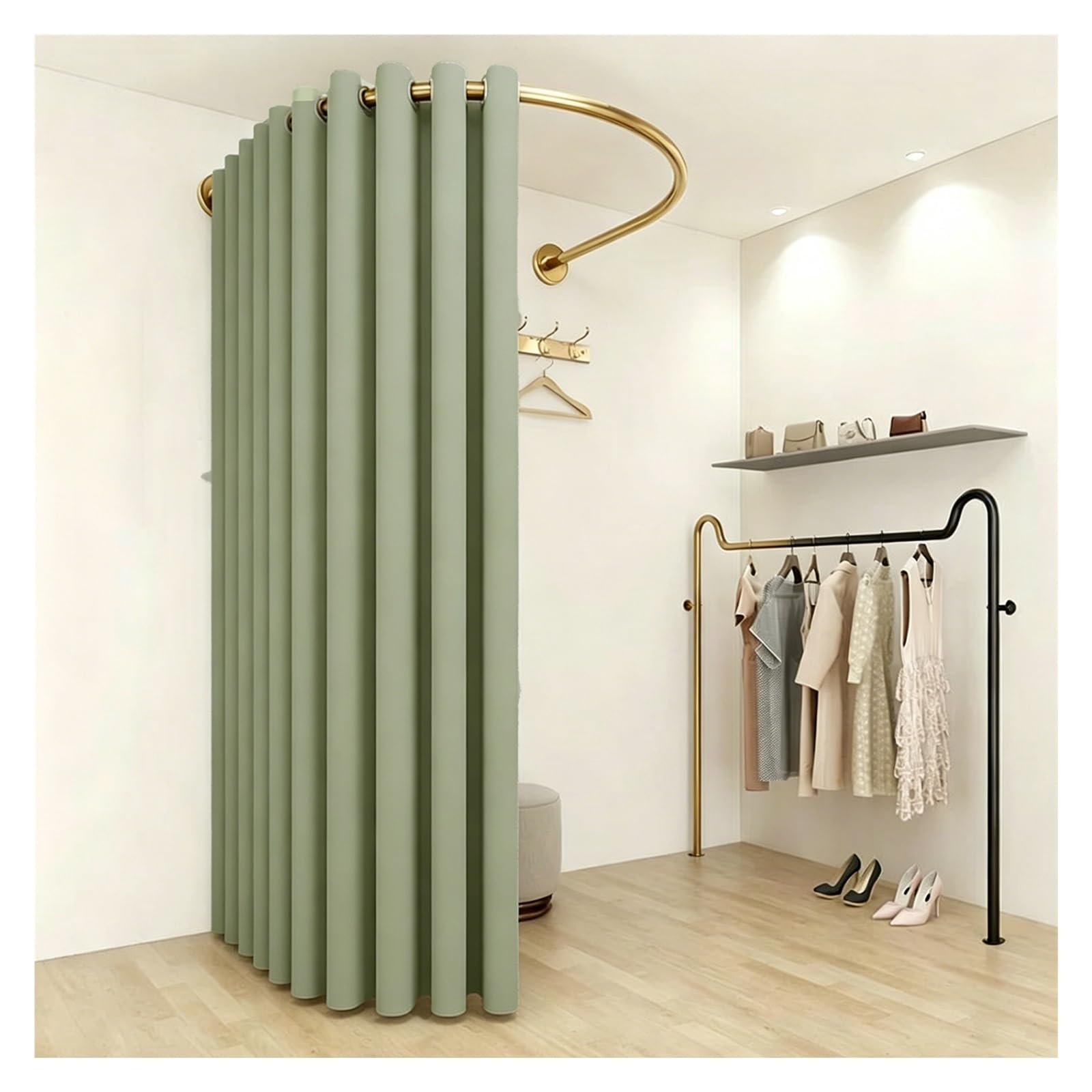 ZJKXJH Boutique Fitting Room Partition Curtain Rod, Wall Mount U Shaped Heavy Duty Curved Rail for Clothing Store, Privacy Partition Curtain Rod(With B Curtains,Gold Rod 140cm/55.1in)